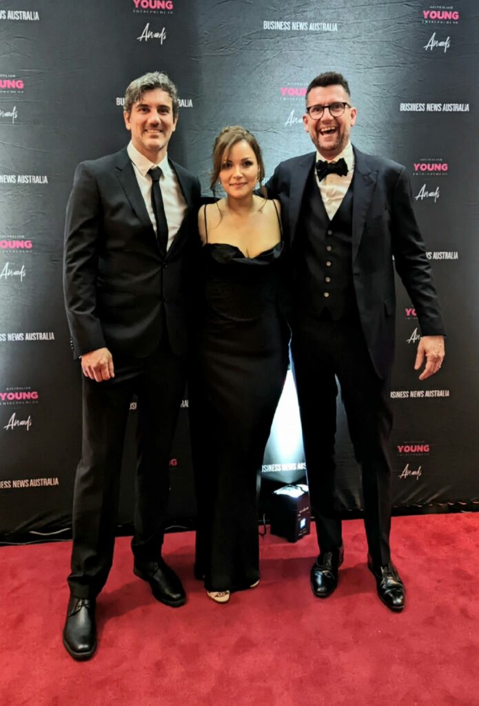 Nicolas Hristic, Jasminne Hristic and Marc Riley at the Business News Awards red carpet