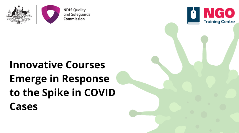 Innovative courses emerge in response to the spike in covid cases image with a NGO logo and image of a COVID virus particle