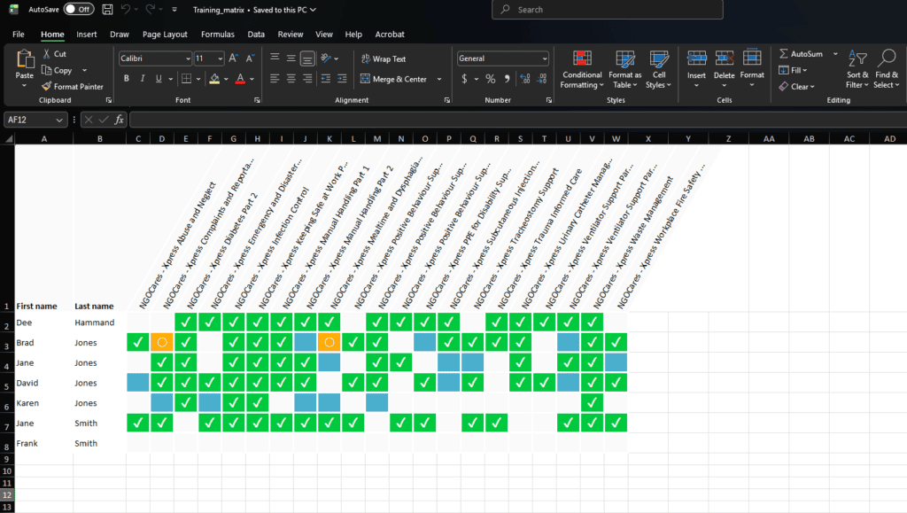 NGO Training Centre Matrix Report on Learning Management System Excel Report